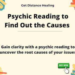 Może przedstawiać: Abstrakcyjny wzór w kolorze żółtym i pomarańczowym z tekstem "Get Distance Healing" i "Psychic Reading to Find Out the Causes". Tekst poniżej brzmi "Gain clarity with a psychic reading to uncover the root causes of your issues". Zielony przycisk z tekstem "BUY NOW" znajduje się w prawym dolnym rogu obrazu.