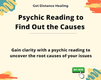 Può includere: Un design astratto giallo e arancione con il testo "Get Distance Healing" e "Psychic Reading to Find Out the Causes". Il testo sottostante recita "Gain clarity with a psychic reading to uncover the root causes of your issues". Un pulsante verde con il testo "BUY NOW" si trova nell'angolo inferiore destro dell'immagine.