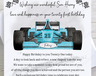 Personalised 21st Birthday Card to Son, Son 21st Birthday Card, Twenty First Birthday Boy Gift, Racing Car 21st Birthday Card.