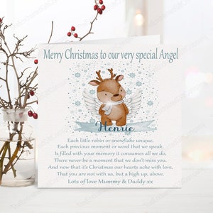 Personalised Christmas in Heaven Angel Baby Loss Card, Child Bereavement Card for Son, Daughter, Christmas Wishes to Heaven Card.