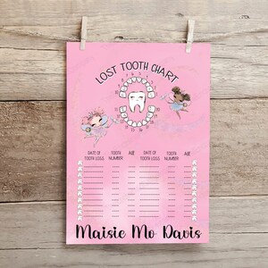 May include: A pink "Lost Tooth Chart" poster with a tooth diagram, fairies, and spaces to record tooth loss details. The chart is personalized with the name "Maisie Mo Davis" at the bottom and is hanging on a wooden background.