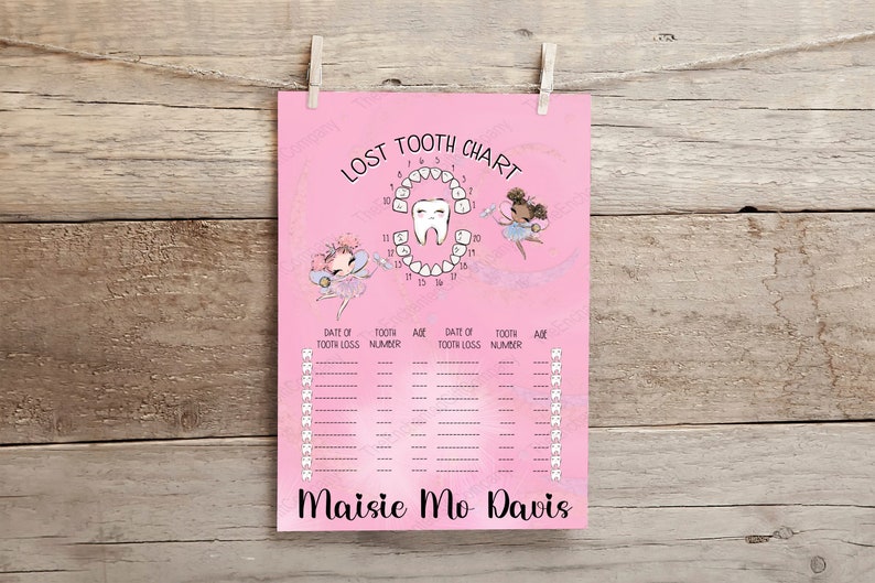 May include: A pink "Lost Tooth Chart" poster with a tooth diagram, fairies, and spaces to record tooth loss details. The chart is personalized with the name "Maisie Mo Davis" at the bottom and is hanging on a wooden background.