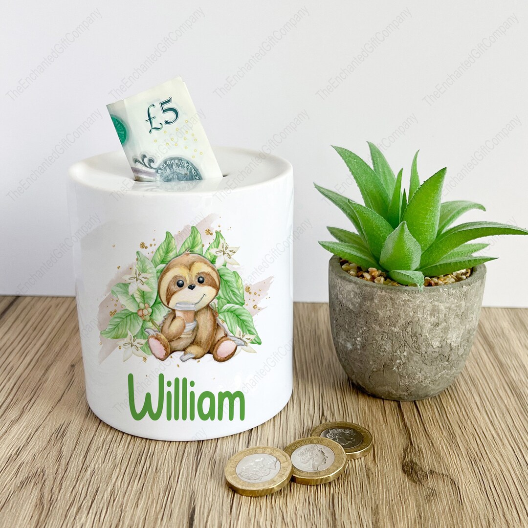 Sloth Money Box. Personalised Money Box. Coin Bank. Money Box. Sloth