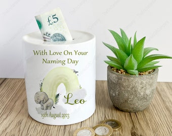 Personalised Naming Day Gift, Naming Day Keepsake, Naming Day Present, Baby's Naming Day Money Box, Elephant Naming Day Gifts.