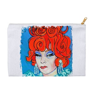 May include: A colorful illustration of a person with red hair styled in large curls, wearing blue eyeshadow and large pearl earrings. The background is a blue and green abstract design.