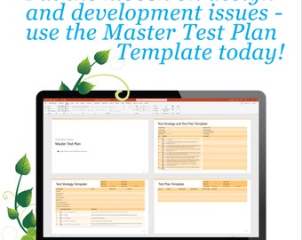 Peut inclure: Un écran d'ordinateur portable affichant un document Microsoft Word avec un modèle de plan de test principal. Le document comprend des sections pour la stratégie de test, le plan de test et la stratégie de test et le plan de test. Le document a un fond orange clair.