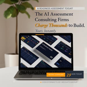 May include: A laptop displaying multiple screens with data visualizations. The text on the screen reads "AI Readiness Toolkit". The laptop is on a white table with a plant in the background. The text "INSTANT DOWNLOAD 29 SLIDE TOOLKIT" is at the bottom.