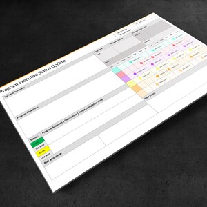 May include: A program executive status update template with a calendar grid, program objectives, program activities, description, target completion date, status, risk and issue, and next steps sections.