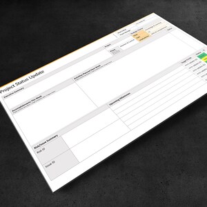May include: A blank project status update template with sections for executive summary, accomplishments, activities planned, upcoming milestones, risk/issue summary, and target finish dates. The template is designed to help track project progress and identify potential risks.