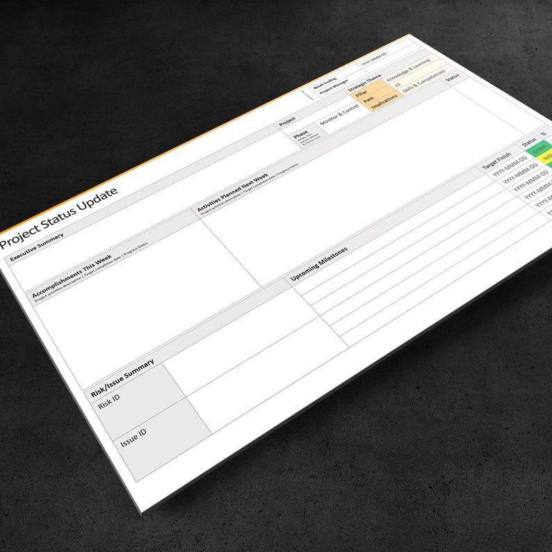May include: A blank project status update template with sections for executive summary, accomplishments, activities planned, upcoming milestones, risk/issue summary, and target finish dates. The template is designed to help track project progress and identify potential risks.