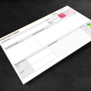 May include: A blank project status update template with sections for executive summary, accomplishments, activities planned, upcoming milestones, risk/issue summary, and target finish dates. The template is designed to help track project progress and identify potential risks.