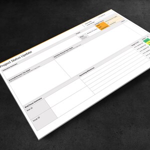 May include: A white project status update template with sections for executive summary, accomplishments, activities planned, upcoming milestones, and risk/issue summary. The template includes a table with columns for project, phase, target finish date, and status.