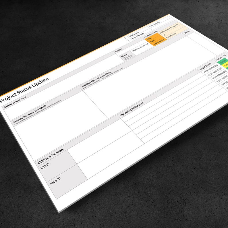 May include: A white project status update template with sections for executive summary, accomplishments, activities planned, upcoming milestones, and risk/issue summary. The template includes a table with columns for project, phase, target finish date, and status.