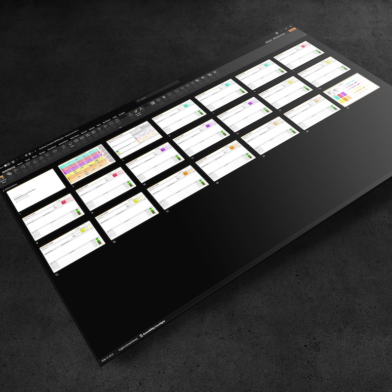 May include: A computer screen displaying a digital project management tool with multiple tabs open. Each tab shows a different project plan with colorful sticky notes and text.