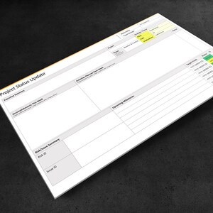 May include: A white project status update template with sections for executive summary, accomplishments, activities planned, upcoming milestones, and risk/issue summary. The template includes a table with columns for project, phase, and target finish date.