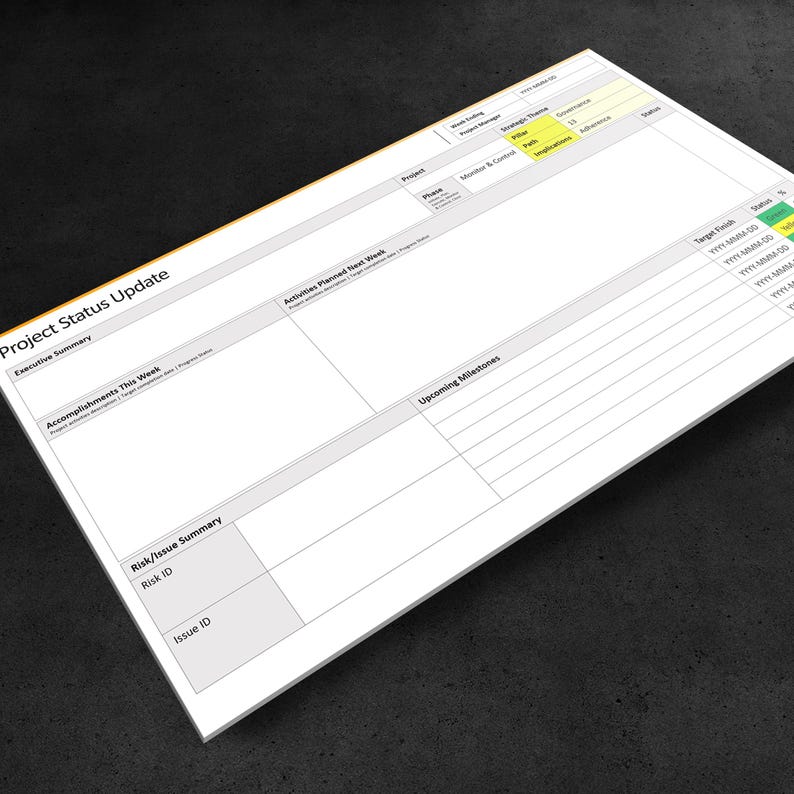 May include: A white project status update template with sections for executive summary, accomplishments, activities planned, upcoming milestones, and risk/issue summary. The template includes a table with columns for project, phase, and target finish date.