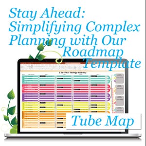 May include: A laptop computer screen displaying a colorful roadmap template with the text "1- to 4-Year Strategy Roadmap" and "Tube Map". The text "Stay Ahead: Simplifying Complex Planning with Our Roadmap Template" is displayed above the laptop.