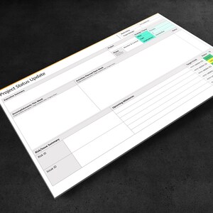 May include: A project status update template with sections for executive summary, accomplishments, activities planned, upcoming milestones, and risk/issue summary. The template includes columns for project, phase, target finish date, and status.