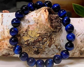 Blue Tiger's Eye Gemstone Bracelet: Men's Protection Jewelry Stretch Bracelet