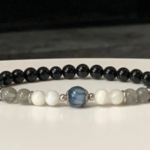 Powerful Gemstone Protection Bracelet - Black Tourmaline, Labradorite, Moonstone, Hematite & Blue Kyanite, 6mm Beads with 8mm Kyanite Bead