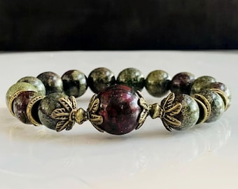 Natural African Bloodstone Gemstone Stretch Bracelet Handmade with 10mm Grade AA+ Gemstones & Bronze Accents