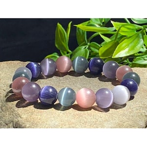 Cat&#39;s Eye Bracelet, 12mm Premium Grade AAA+ High-Quality Fiber-Optic Glass Cat&#39;s Eye Beads