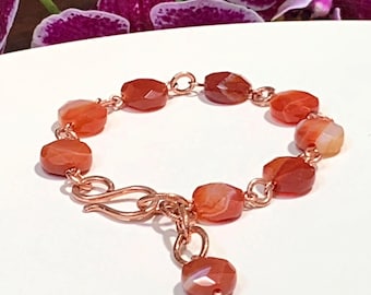 Natural Carnelian Gemstone Bracelet - Grade AAA Red Carnelian Stone with Copper Accents