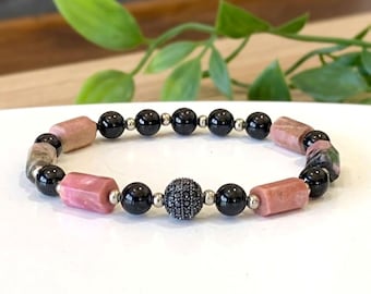 Rhodonite & Black Tourmaline Gemstone Stretch Bracelet Handmade with Grade A+ Natural Gemstones