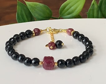 Black Tourmaline & African Ruby Gemstone Bracelet - 6mm Faceted Black Tourmaline Stones, 8mm Grade A+ African Ruby, July Birthstone