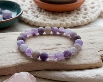 Frosted Amethyst Bracelet: 8mm Gemstone Stretch Bracelet, February Birthstone Gift for Him & Her