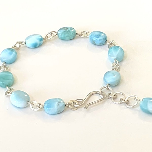 Genuine Larimar Gemstone Bracelet - 925 Sterling Silver, Handmade Bracelet, Dominican Republic Larimar, Delicate Bracelet, Gift for Her