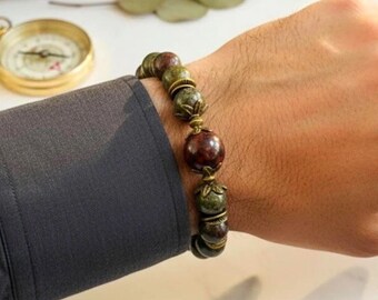 African Bloodstone Bracelet - Bronze Accents, Men's Stretch Gemstone Jewelry, Protection Stone