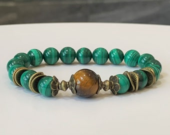 Natural Malachite Stretch Bracelet for Men & Women: Malachite and Tiger's Eye Bracelet, Grade AAA+ Genuine Malachite Bead Bracelet