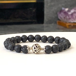 Black Lava Rock Aromatherapy Bracelet: Essential Oil Diffuser, Silver Accent