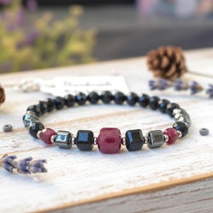 Black Tourmaline, Hematite & African Ruby Gemstone Bracelet: Grade AA+ Stretch Bracelet