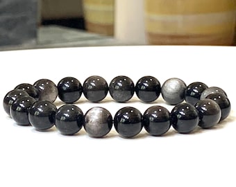 Natural Silver Obsidian Gemstone Stretch Bracelet, Choose Your Bead Size, Custom Fit, Protection Jewelry