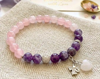 Rose Quartz & Amethyst Gemstone Bracelet with Angel Charm - Stretch Bracelet