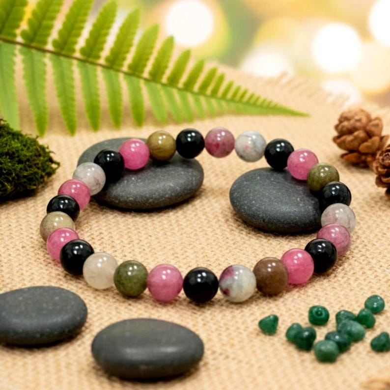 Rainbow Tourmaline Gemstone Bracelet: October Birthstone, 6mm Polished Beads afbeelding 9
