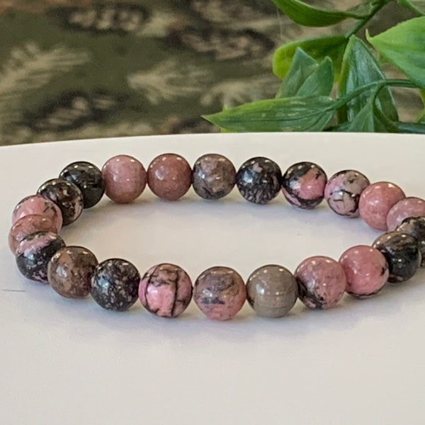 Rhodonite Gemstone Bracelet - Stretch Bracelet, Rhodonite Healing Bracelet, Gift for Her, Gift for Him, Love, Balance, Compassion, Calming