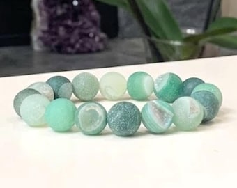 Frosted Green Agate Geode Gemstone Stretch Bracelet Handmade with 12mm Natural Druzy Beads