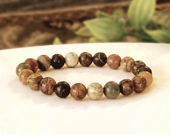 Natural Picasso Jasper Gemstone Stretch Bracelet - Minimalist Unisex Beaded Jewelry - Custom Size