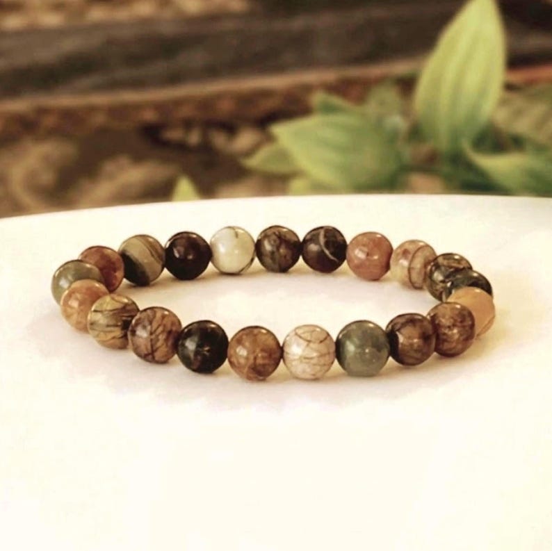 Natural Picasso Jasper Gemstone Stretch Bracelet - Minimalist Unisex Beaded Jewelry - Custom Size