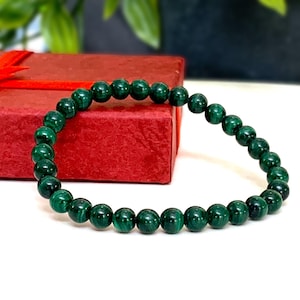 Natural Dark Green Malachite Bracelet, Premium Grade Stretch Gemstone Bracelet, 6mm Genuine Malachite Beads for Men & Women