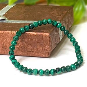 Dainty Malachite Gemstone Bracelet - Stretch Bracelet, Dainty 4.5mm Genuine Malachite Beads, Protection Bracelet, Gift for Her, Gift for Him