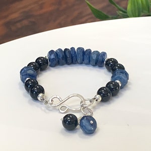 Kyanite & Black Tourmaline Gemstone Bracelet - Sterling Silver, 8mm Tourmaline Beads, 10mm Facetted Kyanite Stones, Gift for Him and Her