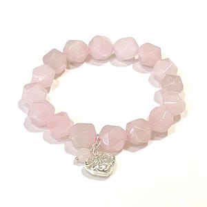 Rose Quartz Bracelet, Premium Grade Stretch Gemstone Bracelet, Sterling Silver Heart Charm, Faceted Rose Quartz Stones