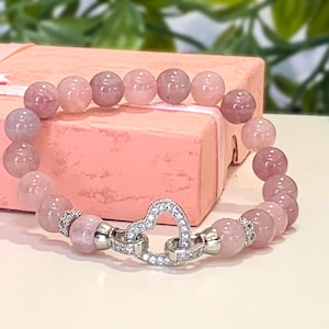 Natural Rose Quartz Bracelet, Premium Grade AAA+ Madagascar Rose Quartz, Heart Lock, Stretch Bracelet