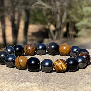 Triple Protection Bracelet, Premium Grade Stretch Gemstone Bracelet, Tiger&#39;s Eye, Black Obsidian & Hematite Beads