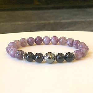 Hematite, Cherry Blossom Tourmaline & Black Tourmaline Gemstone Bracelet, Stretch Bracelet, Gift for Her, Gift for Her
