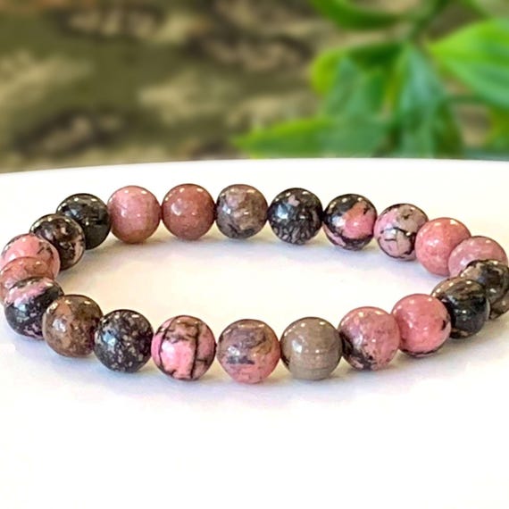 Natural Rhodonite Gemstone Stretch Bracelet Handmade with Genuine Grade A+ Gemstones, Custom Fit
